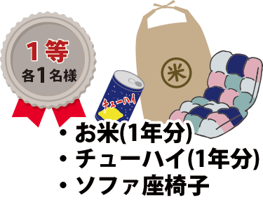 1等：お米(1年分)、チューハイ(1年分)、ソファ座椅子 各1名様